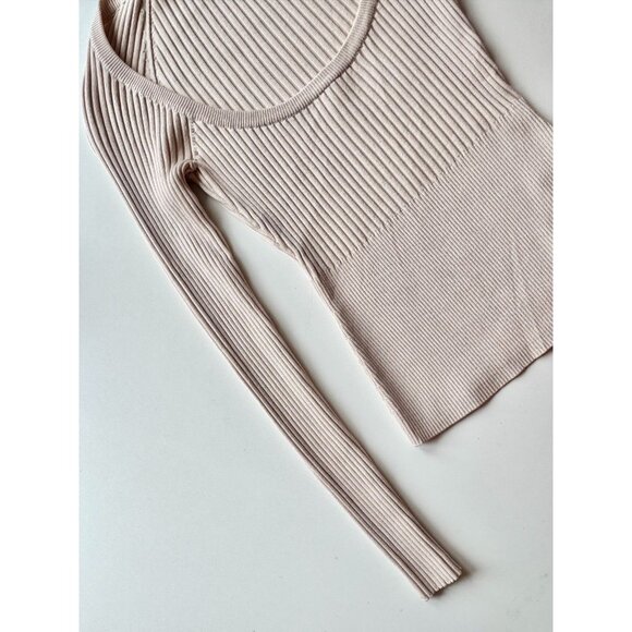 JONATHAN SIMKHAI Jayline Beige Ribbed Knit Deep Scoop Neck Sweater, Size XS - Picture 6 of 11